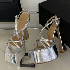 Gold Silver Barrow Band Open Toe Sandals Street Style High Heel