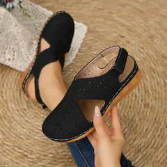 Casual Breathable Hollow Out Slip-On Roman Sandals with Magic Tape Fish Mouth Stitching PU Material Comfortable Heel