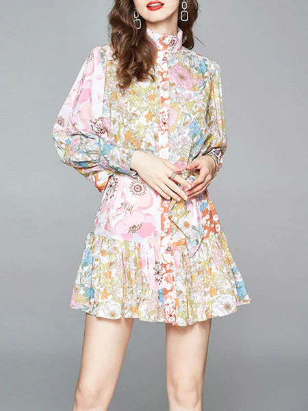 Skater Printed High Collar Lace Up Floral Print Casual Long Sleeves Polyester Fit And Flare Dress