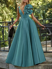 Elegant V-Neck Floor-Length Sleeveless Zipper Flowers Satin Ball Gown
