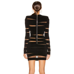 Elegant Long-Sleeved Mesh Irregular Hollow Niche Round Neck Hundred Slim Fit Mini Dress