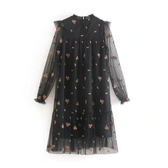 Elegant Lace Embroidery Sweet Ruffles Transparent Short Dress