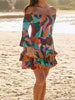 Casual Slash Neck Flare Sleeve Ruffles Patchwork Printed Mini Dress