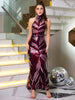 Elegant Slim High Neck Sleeveless Floral Sequined Evening Bodycon Maxi Dress
