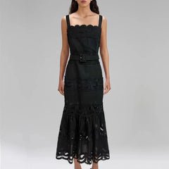 Elegant Solid Hollow Out Square Neck Sleeveless Patchwork Lace Dress