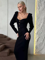 Elegant Comfy Buttons Square Neck Long Sleeves Polyester Knitted Dress