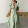 Elegant V-neck Lantern Sleeves Double Buttons Short Sleeves Party Dresses