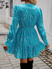 Casual V-neck Puff Sleeve Floral Print Ruffled A-line Mini Dress