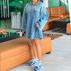 Casual Long Sleeve Pockets Turn-down Collar Front Zipper Denim Dress