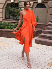 Buttons Polyester Long Sleeves Midi Dress