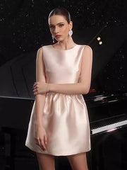Elegant Backless Jewel Sleeveless Satin A-Line With Pleated Bow Back Mini Party Dress