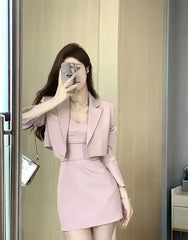 Elegant Blazer Coat And Strap Dress Two Piece Dress