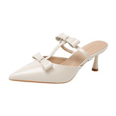 Elegant Black Pointed Toe Pumps Sweet Butterfly-knot T Strap Decoration Slide Sandals Comfort Brand Designer Shoes