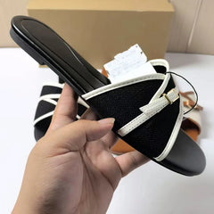 Canvas Belt Buckle Designer Slippers Comfortable Lightweight Slide Sandals Elegant Peep Toe Flat Sandals
