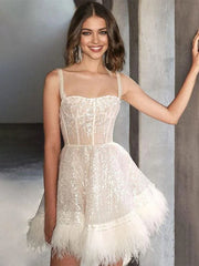Elegant Straps Neck Sequins Sleeveless Sheer Birthday Party Mini Dress
