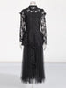 Casual Stand Collar Long Sleeve Spliced Applique Top High Wasit Patchwork Mesh Skirt Two Piece Sets