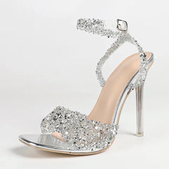 Evening Rhinestone Shiny Rhinestone High-heeled Slip-on Ankle Strap Crystal Heel