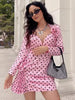 Casual 3D Flowers Folds Draped Deep V-Neck Flower Design Dot Printed Mini Dress