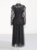 Casual Stand Collar Long Sleeve Spliced Applique Top High Wasit Patchwork Mesh Skirt Two Piece Sets
