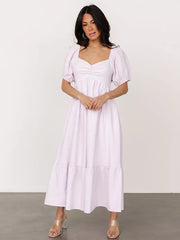 Bohemian Pleated Beach Style Puffed Sleeves Striped Oversized Midi Dress