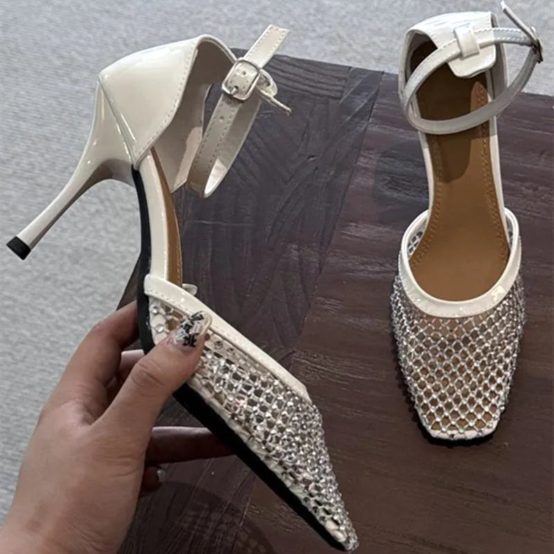Luxury Mesh Rhinestone Designer Sandals Buckle Ankle Strap Square Toe Slide Sandals Hollow Ladies Shoe