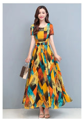 Round Collar Short Sleeve Color Block Chiffon Dress