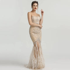 Strapless Mermaid Feathers Evening Dress