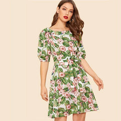 Casual Floral Print Puff Sleeve A Line Belted Mini Dress