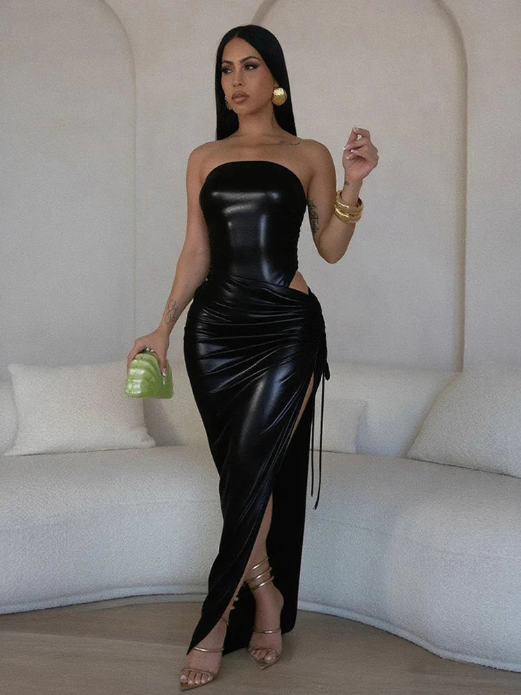 2 Piece Set Party Club Outfits Hipster Solid Strapless Bodysuits Shirring Bandage Irregular Skirts