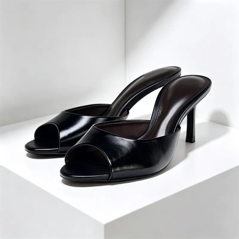 Peep Toe Soft Leather Slippers Elegant High Heel
