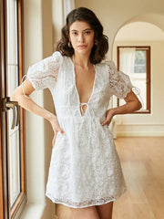 Calico V-neck Tie-up At Cuffs Double layer Lace Dresses