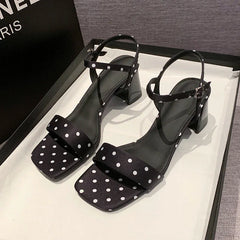Womens Polka Dot Square Toe Block Heel