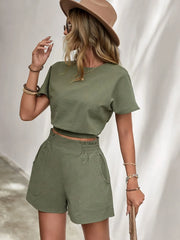 Casual Loose Comfortable Round Neck Elastic Waist Shorts Top Trouser Playsuit