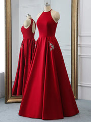 Satin Fabric Halter A Line Sleeveless Beaded Floor Length Party Prom Dresses
