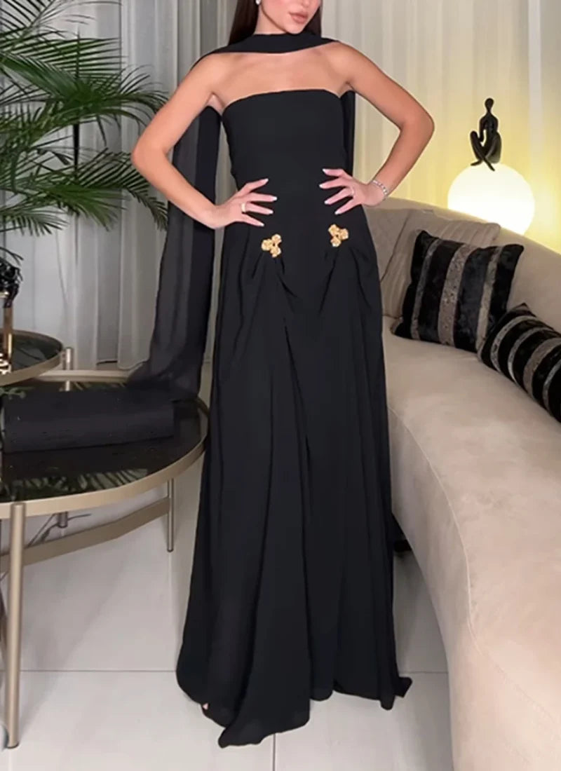 Vintage Metal Pin Design Long Dress With Scarf Strapless Sleeveless Flods Dresses