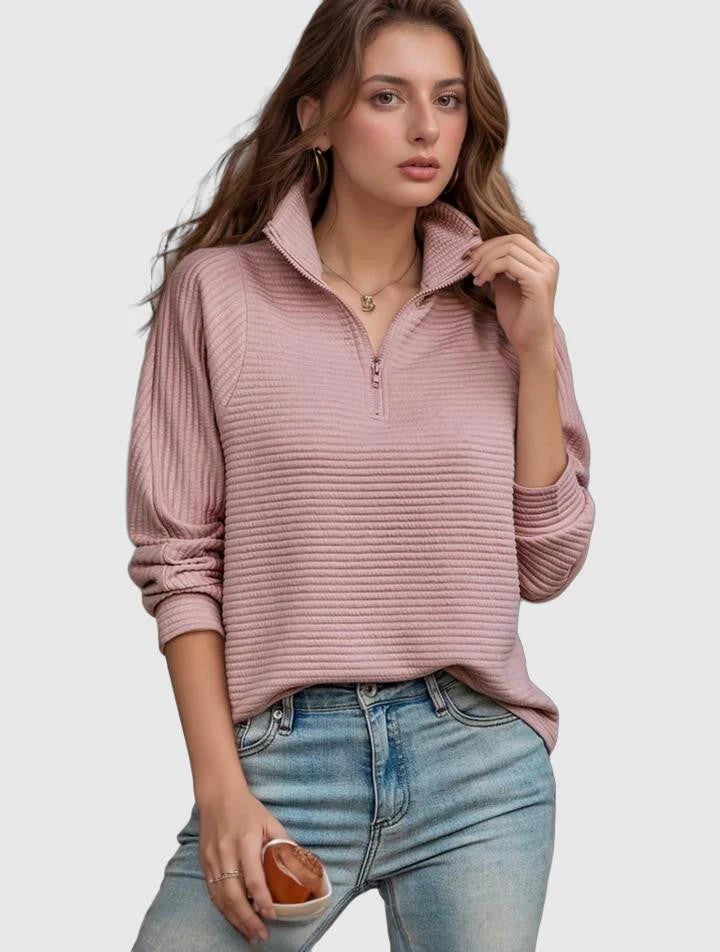 Women's Pullover Sweater - Knit Ribbed Texture - Half-Zip Stand Collar - Relaxed Fit
