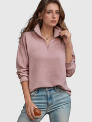 Women's Pullover Sweater - Knit Ribbed Texture - Half-Zip Stand Collar - Relaxed Fit