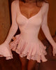 Casual Flare Sleeve Ruffle Irregular Single-breasted V Neck High Waist Slim A-line Mini Dress