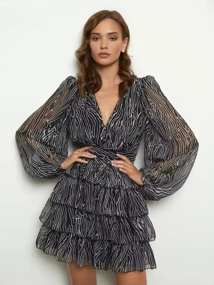 Elegant V-Neck High Waist Pleated Loose Print  Long Sleeve Mini Dresses