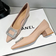 Luxury Metal Crystal Splice Pumps Kitten Thick Heel
