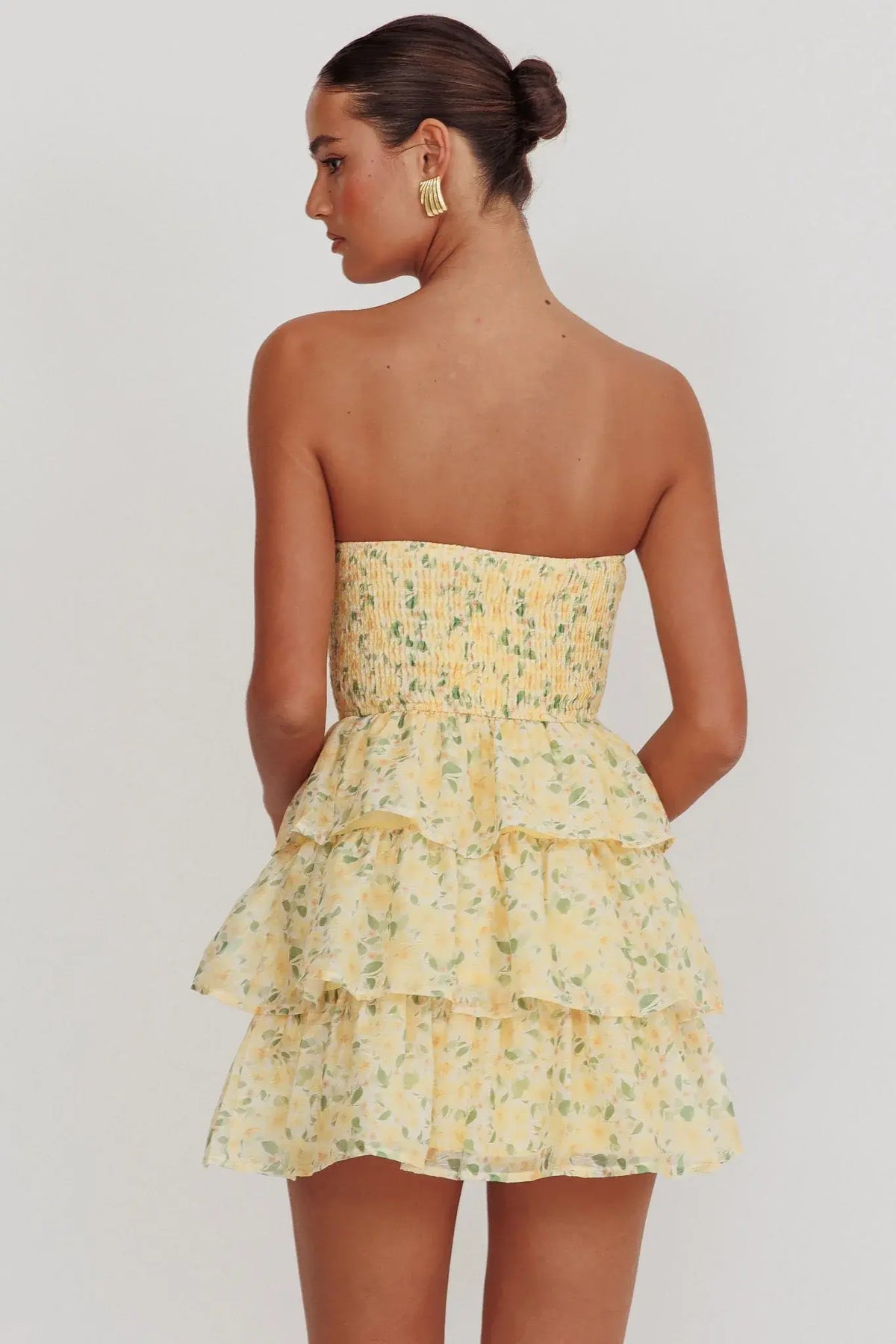 Like Angels Shirred Bodice Ruffle Mini Dress Yellow