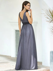 Prom Polyester V-Neck Sleeveless Backless Pleated Dresses