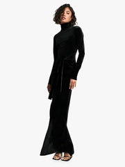 Elegant Turtleneck Draped Velvet Long Sleeve Bodycon Maxi Dress