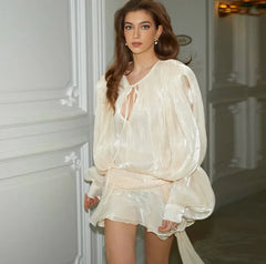 Ruffle Edge Chic Lantern Sleeve Pleated Holiday Dress