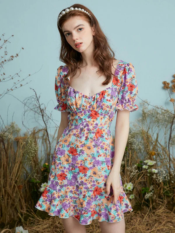 Floral Print Knotted Puff Sleeve Square Collar Dress
