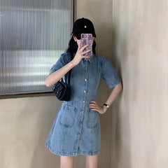 Casual Fitted High Waist Short Sleeve Denim Mini Dress