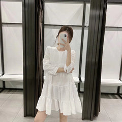 Casual Pleated O Neck Three Quarter Sleeve Mini Dresses