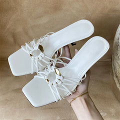 Metal Decoration Narrow Band Slippers Square Toe Thin Heel