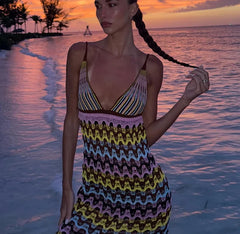 Elegant Zigzag Knitted Contrast Backless Slim Fit Mini Dresses