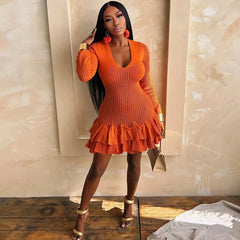 Casual Deep V-Neck Full Sleeve Knitted Mini Tierred Dresses